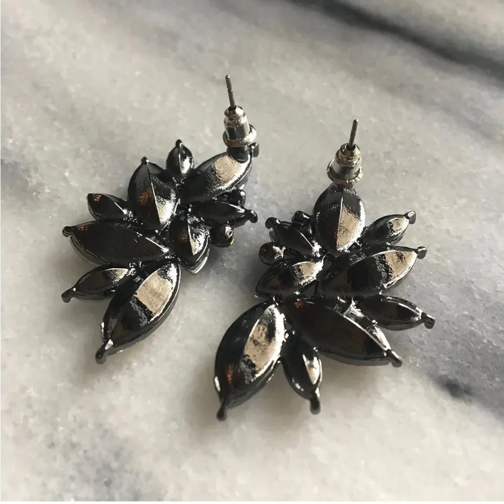 Gun Metal Black with White Opal Crystal 80's Punk Rock Starburst Earrings
